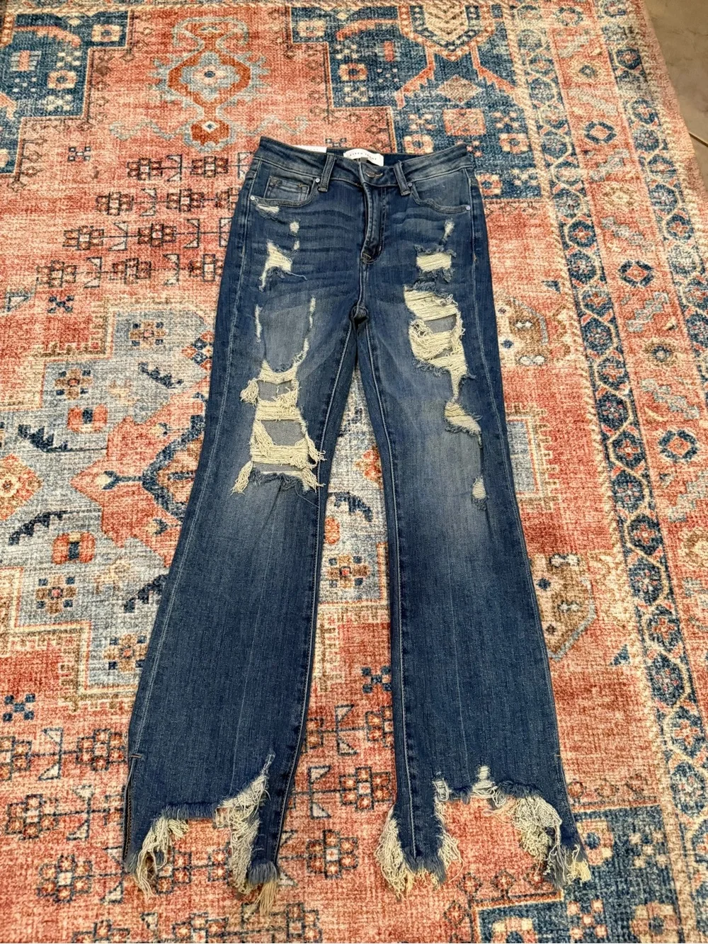 Women's Distressed Dark Blue Flare Jeans
